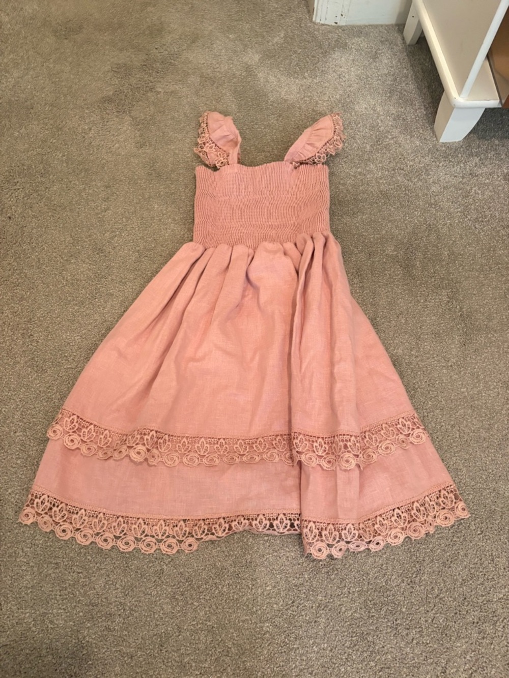 Girls Smocked Pink Lace-Trim Sundress
